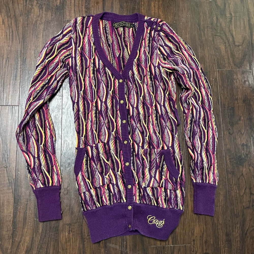 COOGI Purple Multicolor Cable-Knit Cardigan Sweater